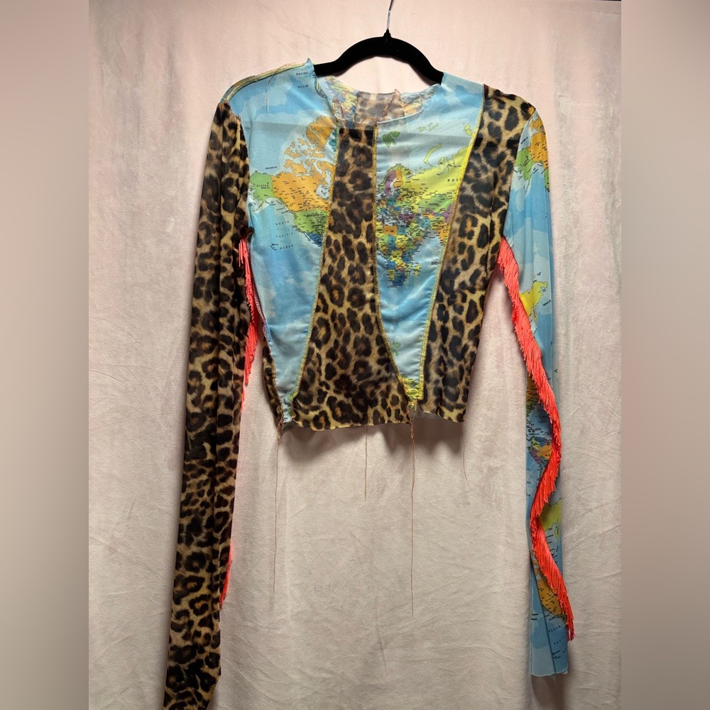 Leopard and Map Print Sheer Long Sleeve Top
